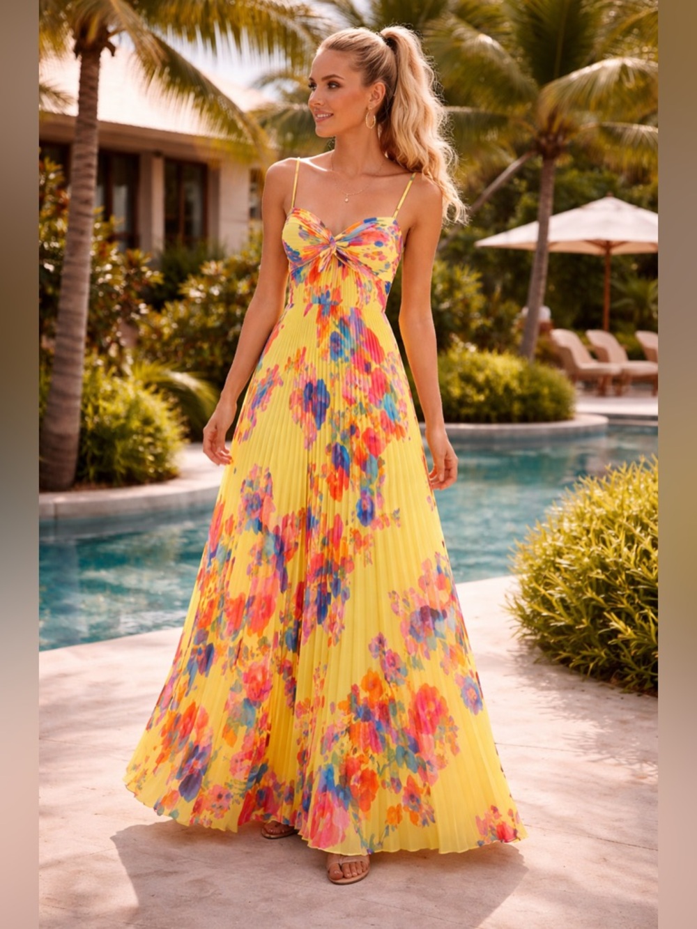 NEW AMUR dawson pleated gown in yellow brushstroke floral